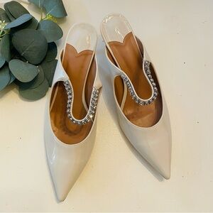 Taupe Rhinestone Heeled Point Toe Mules
